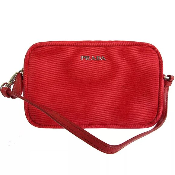 Auth PRADA Pouch Red canvas/leather - Picture 1 of 12
